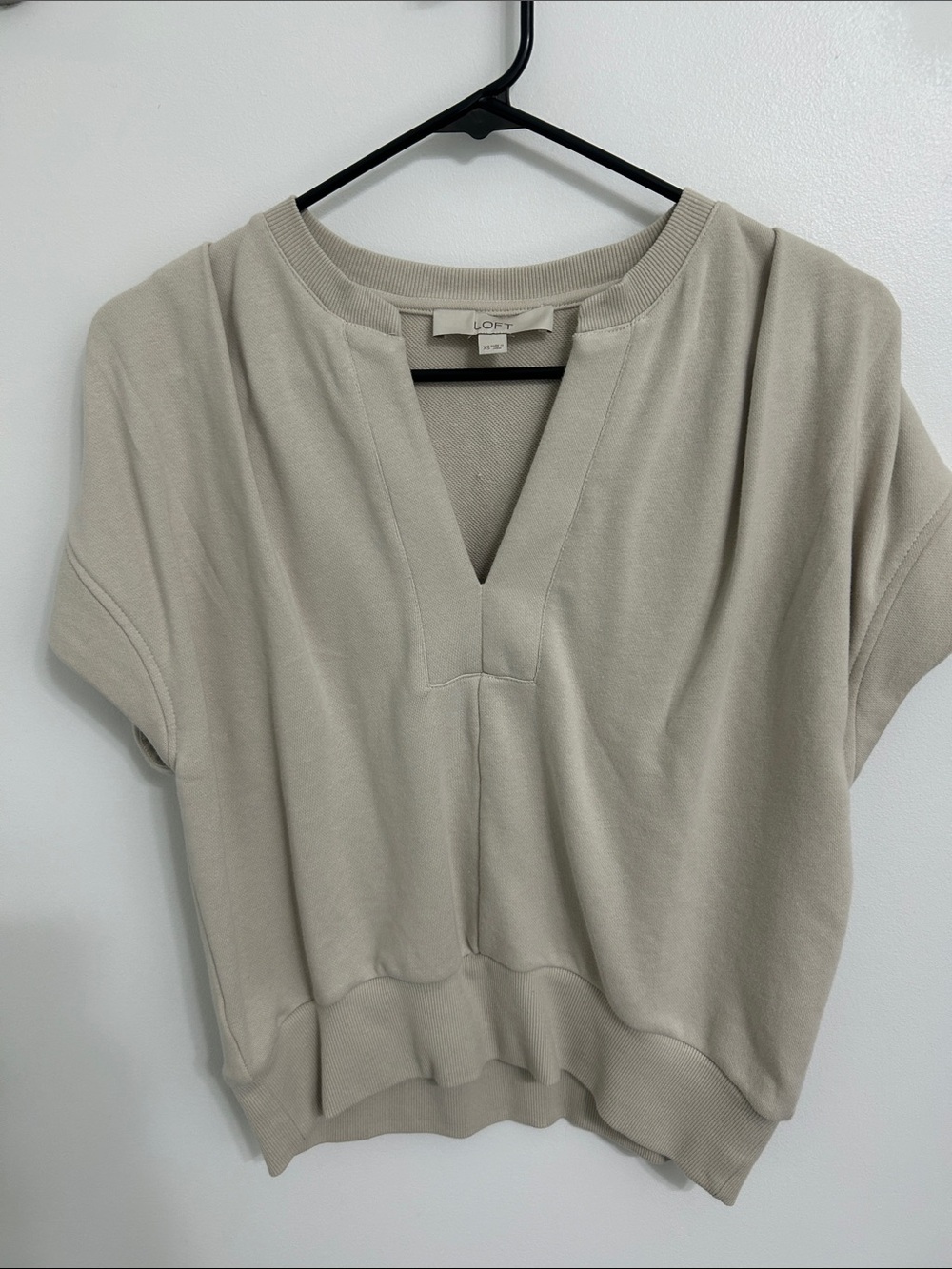 LOFT Short Sleeve Split V-Neck Pullover in Light Taupe